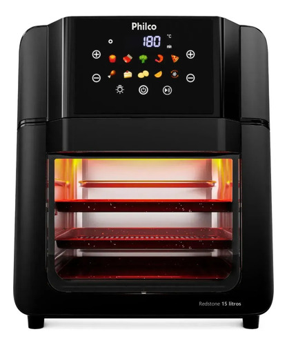 Philco PAF15C Fritadeira Air Fryer Oven 15 Litros Revestimento Redstone Porta Removível Luz Interna 10 Funções 220v Preta