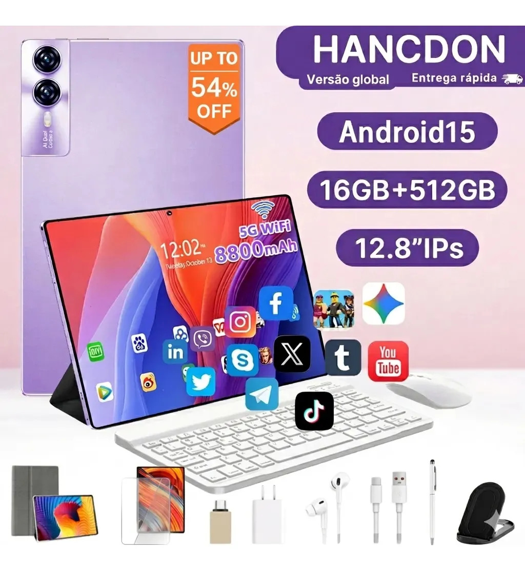 Tablet Android 15 Hancdon Tab Kit Completo Ram 16gb 512gb 12,8'' Hd Tela Apoia Wifi 2,4/4g/5g Dual Sim Bateria 8800mah Com Caneta+teclado E Mouse Profissional Estudo Trabalho Jogos 2 Em 1 Tablets Pc