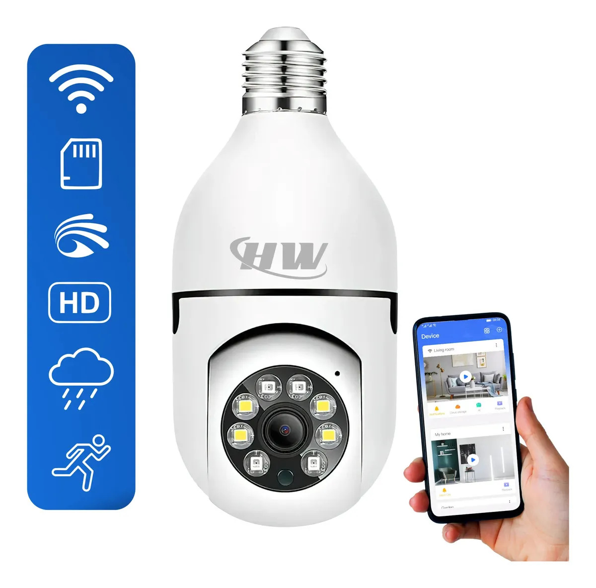 Câmera de Segurança IP Wi-Fi Lâmpada E27 HW 360° Full HD com Visão Noturna e Áudio - HW
