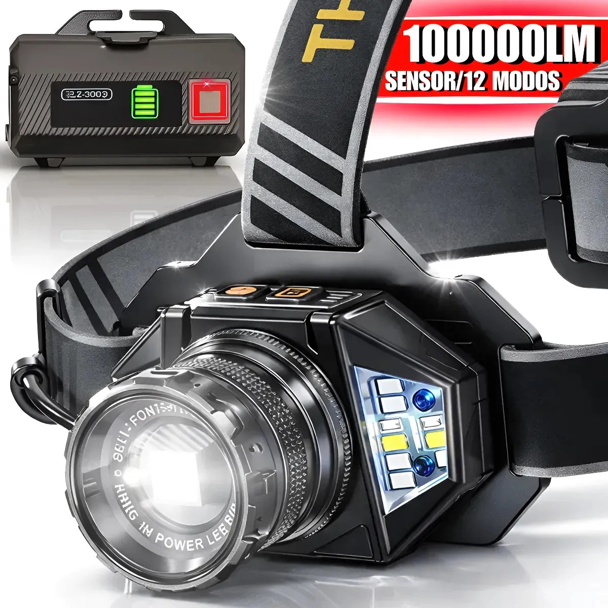 Lanterna De Cabeça Led Sensor Movimento 12 Modos Recarregável Power Bank Usb Alta Potência Ciclismo Camping Pesca Reparo Noturna Zoom Ajustável Ipx4 Resistente Mãos Livres Frontal 100000 Lumens