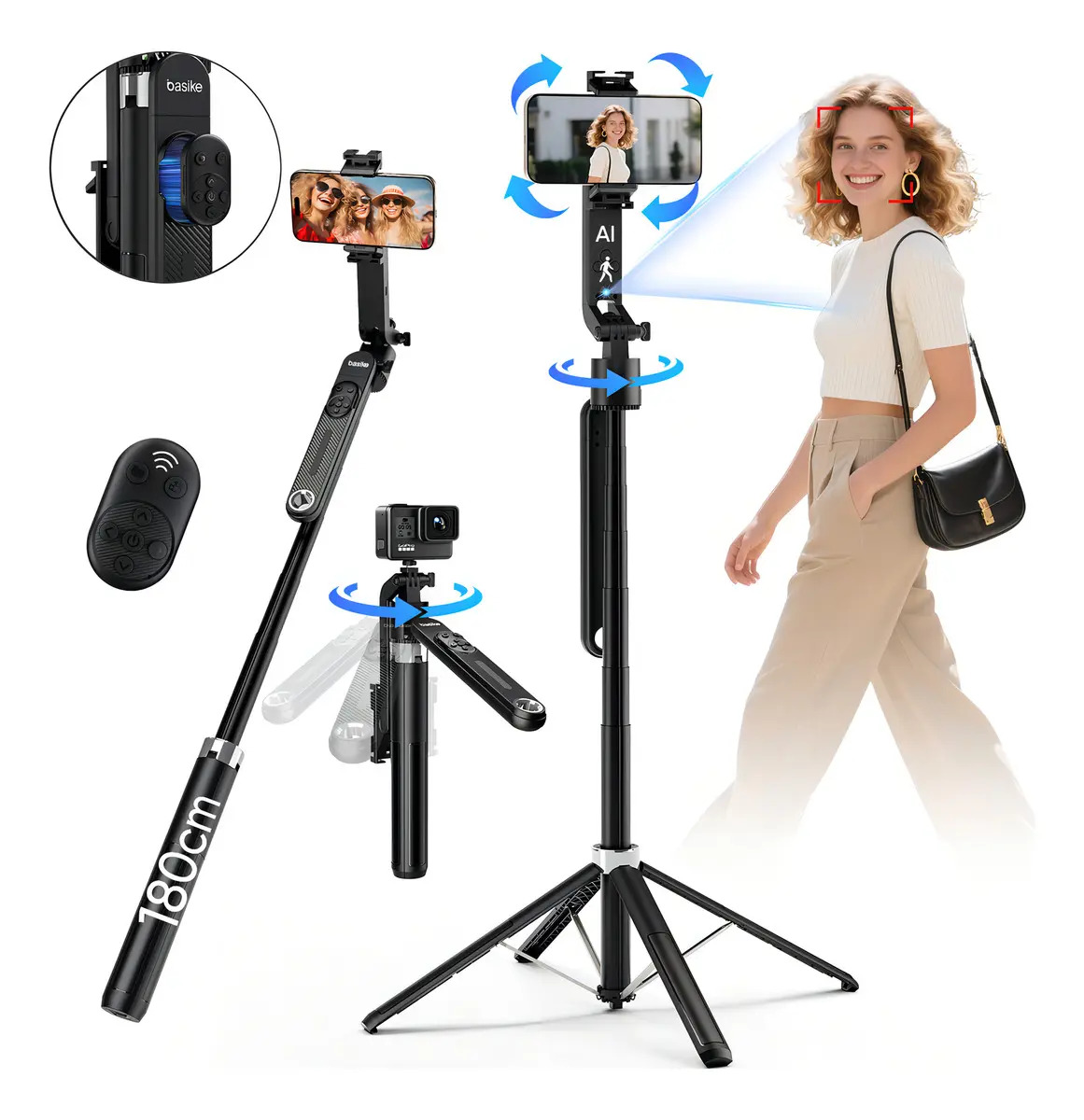 Tripé Inteligente 1.8m com Rastreamento Facial AI Estável 360° para Celular、Câmera、Vlog E Gopro, Basike Tripé Celular Profissional Universal Bastão Selfie Com Controle Remoto Bluetooth