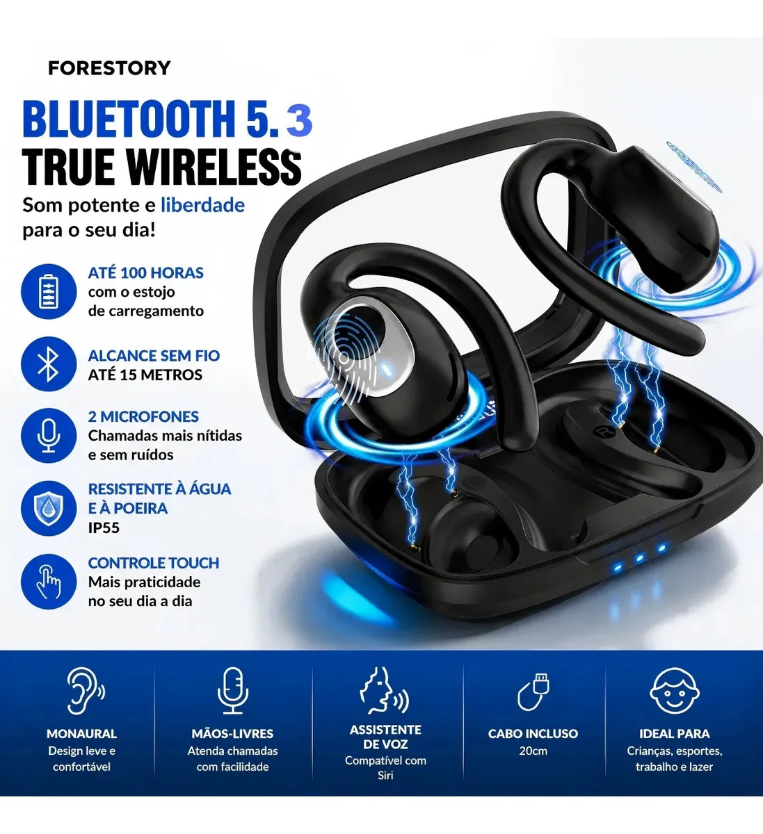 FORESTORY Fone de Ouvido Bluetooth 5.4 OWS TWS Sem Fio X5 Open Ear Esportivo com Gancho Display LED HD Microfone Grave Potente para Academia Corrida Compatível iPhone Samsung Xiaomi Motorola Android