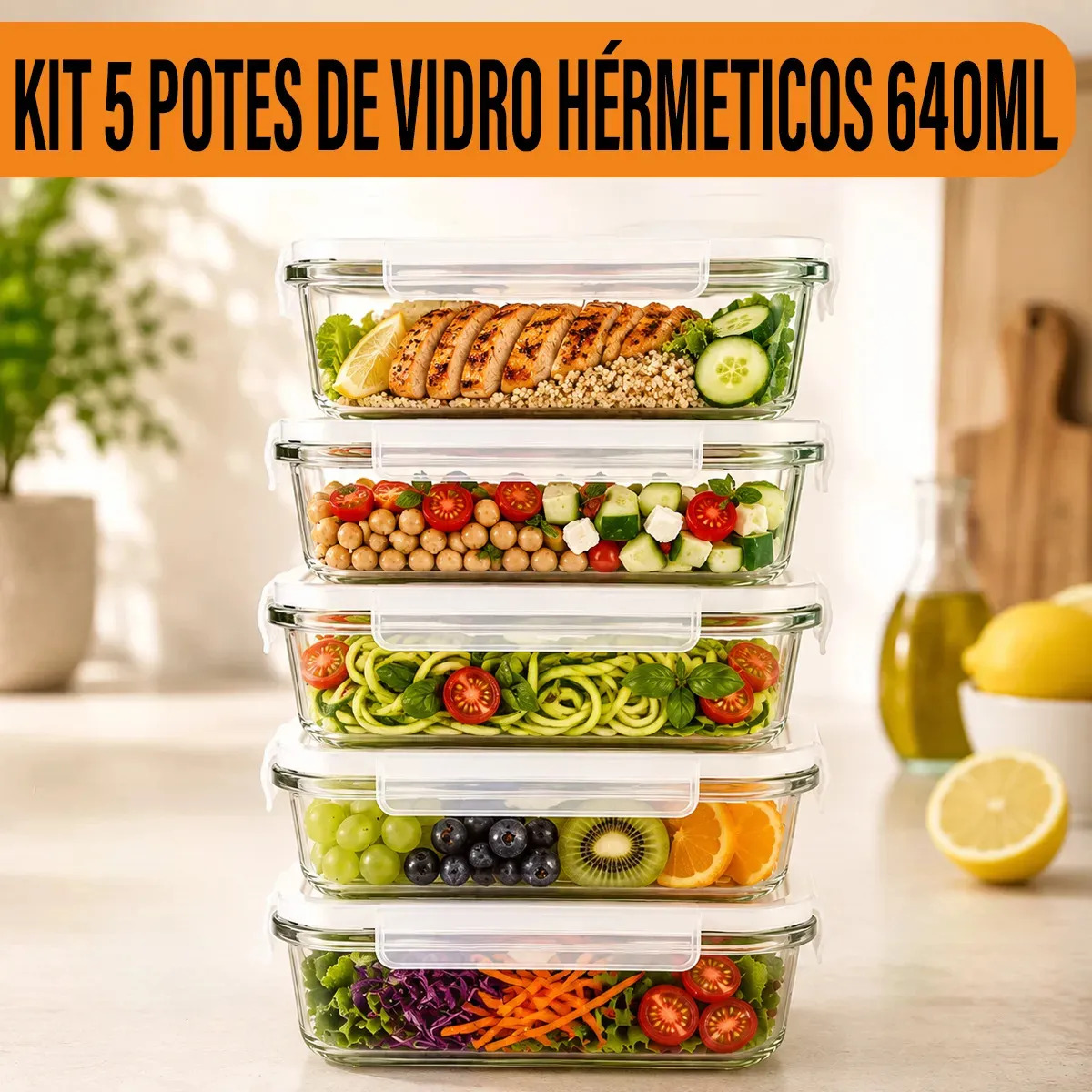 Kit 5 Potes De Vidro Marmita C/ Tampa Hermético 640ml