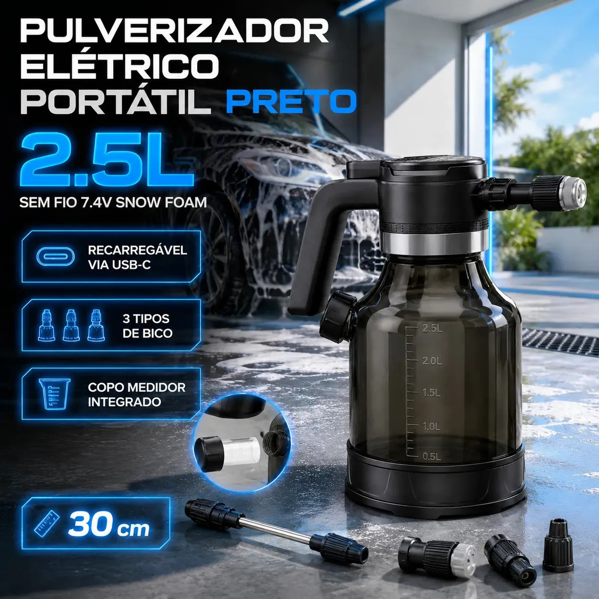 Pulverizador Elétrico Recarregável Alta Pressão Ideal Para Lavagem Automotiva Limpeza Jardim Híbrido Cor Preto