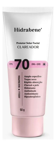 Hidrabene Protetor facial Solar FPS 70 Toque Seco Antissinais Clareia a pele 50g