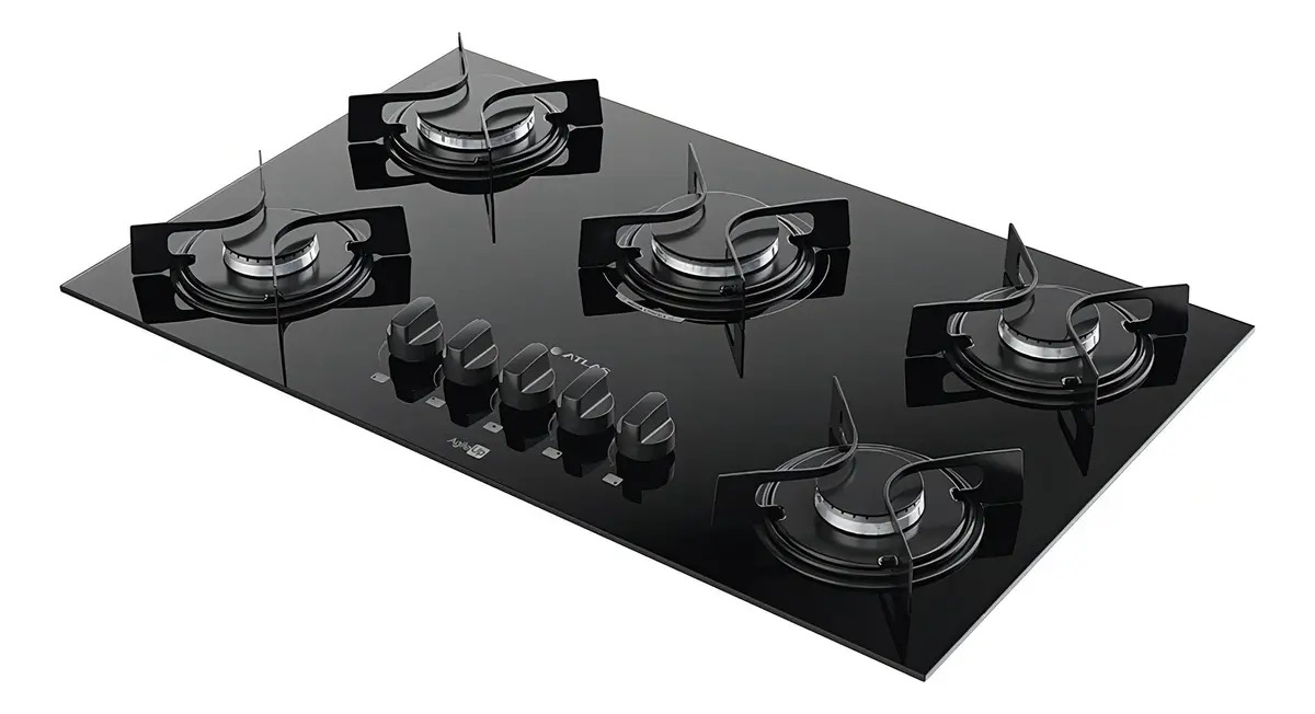 Cooktop 5 Bocas Atlas Agile Up Preto Com Mesa de Vidro e Mega Chama