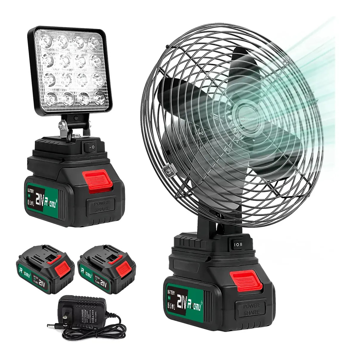 Kit Ventilador Portatil 8'' + Luz Led 4'' 2 Baterias Recarregável Lanterna Refletor Lampada Luz Led