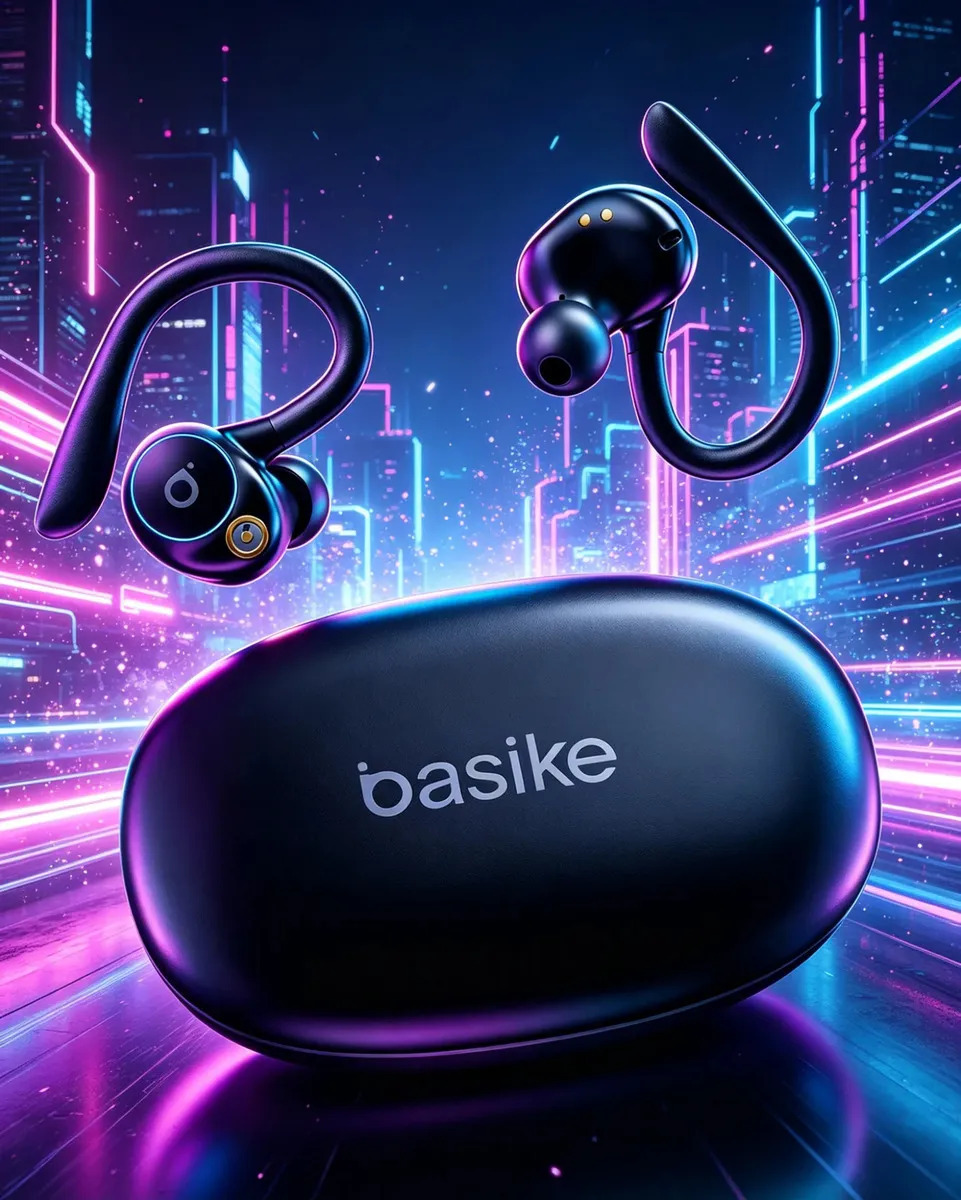 Fone de Ouvido Bluetooth 5.4 TWS com Ear Clip e Gancho, Som HiFi Graves Potentes e 3D, 50h Bateria e Carga Rápida, ENC Cancelamento de Ruído, IPX6 à Prova d'Água – Ideal para Academia e Corrida Basike
