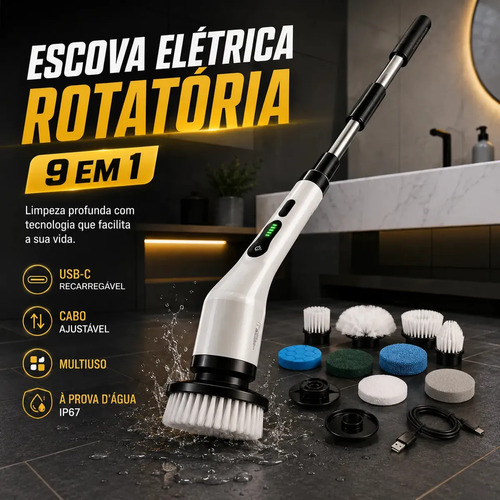 Mop Escova Elétrica Rotatória 9 Em 1 Recarregável Multiuso Limpeza Banheiro Cozinha E Piso