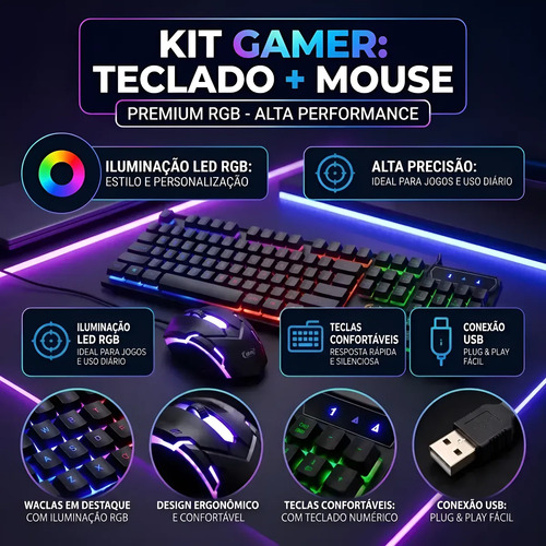 Kit Gamer Teclado E Mouse Led Rgb Usb Para Pc Computador