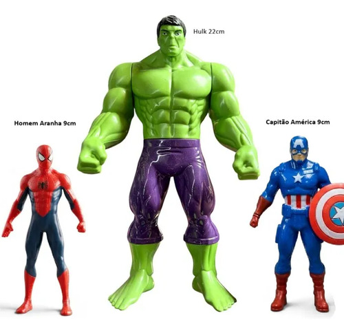 Kit 3 Bonecos Marvel Hulk 22cm Homem Aranha 9cm Capitã 9cm