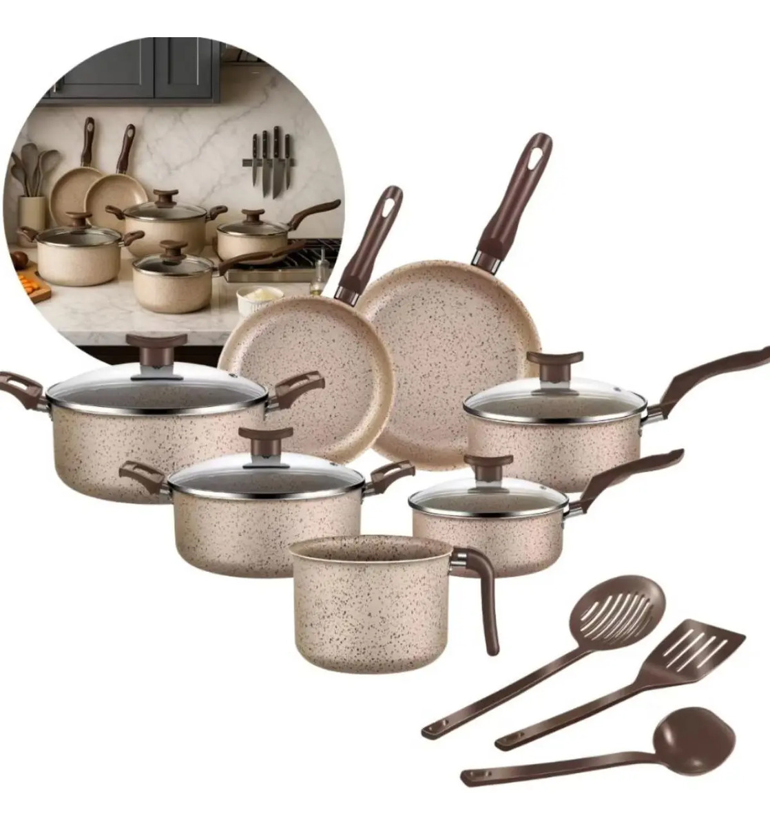 Conjunto Panelas Antiaderente 10 Peças Tampas Vidro Coffe