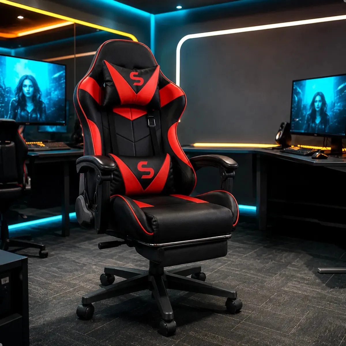 Cadeira Gamer Escritório Ergonômica Confortável Reclinável Vermelho Couro Sintético