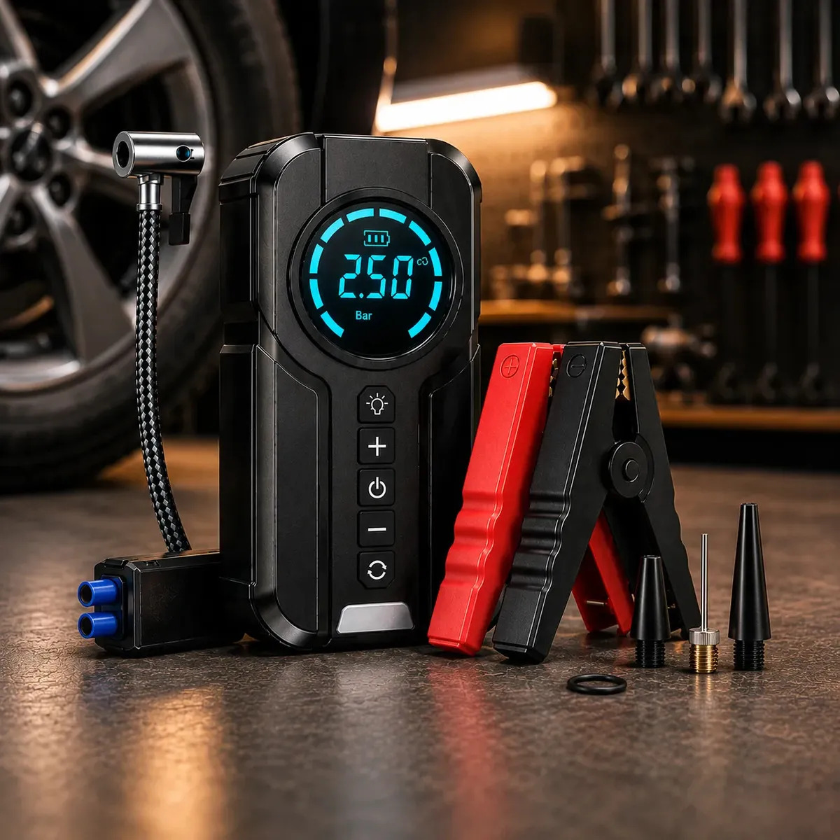 Auxiliar de Partida e Compressor de Ar Portátil 6 em 1 Inteligente para Carro, Moto e Bicicleta com Lanterna e Power Bank